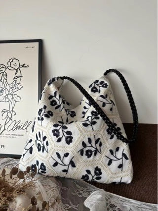 Black Floral Lattice Canvas Tote