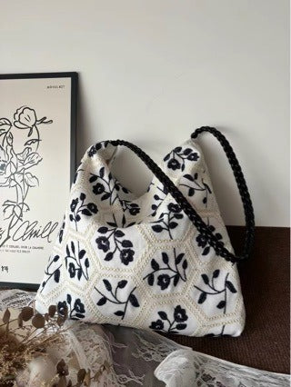 Black Floral Lattice Canvas Tote