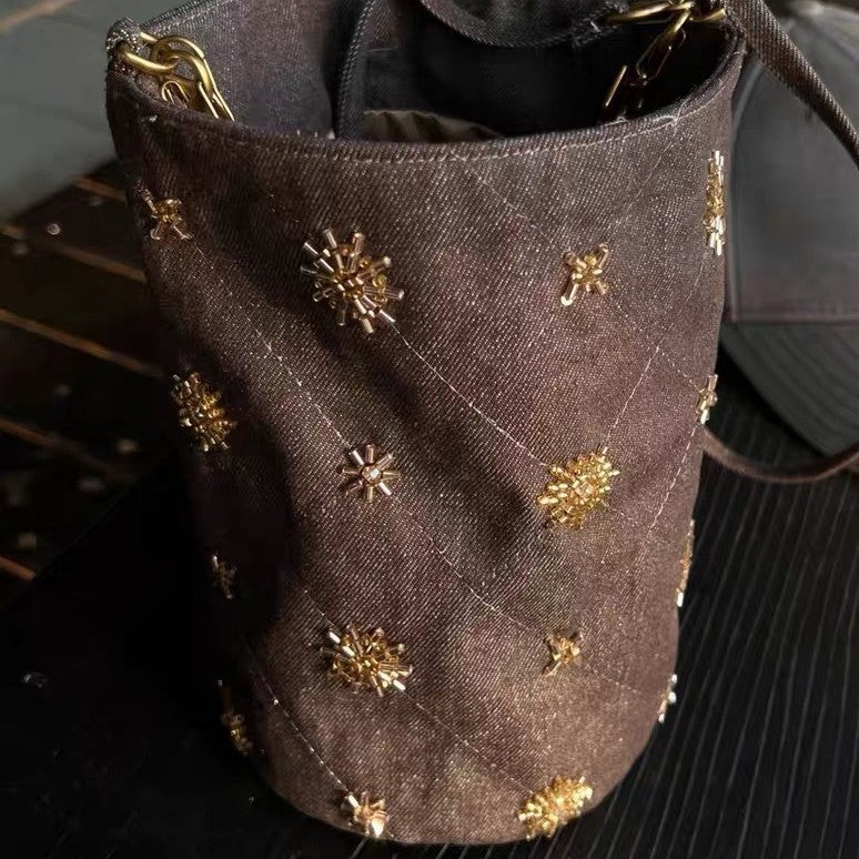 Beaded Denim Bucket Bag