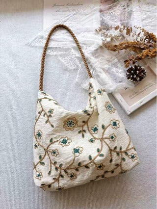Embroidered Vine Canvas Tote