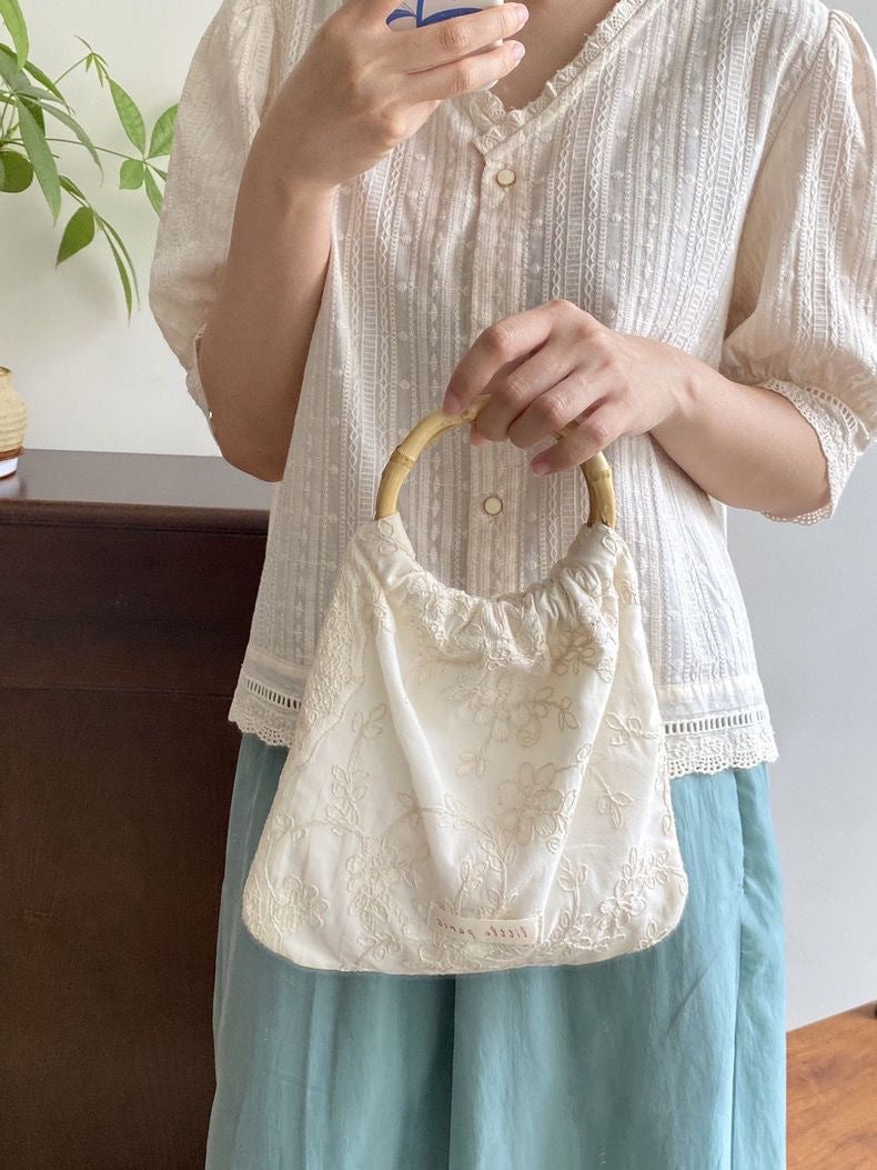 Ivory Lace Mini Bag with Bamboo Handle