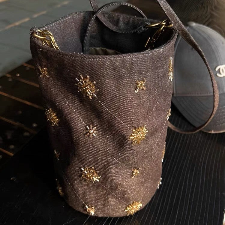 Beaded Denim Bucket Bag