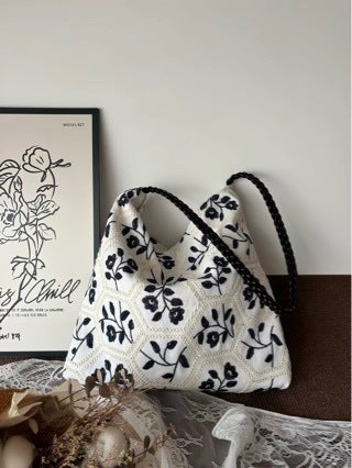 Black Floral Lattice Canvas Tote