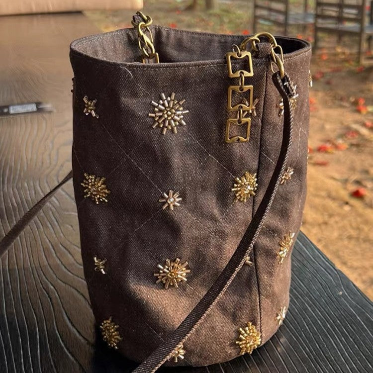 Beaded Denim Bucket Bag