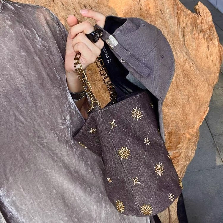 Beaded Denim Bucket Bag