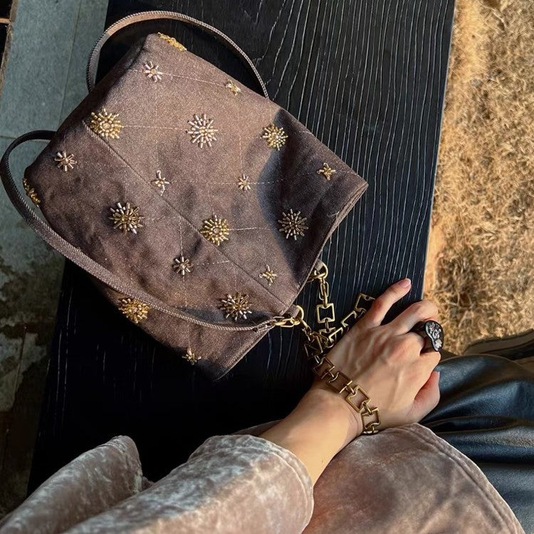 Beaded Denim Bucket Bag