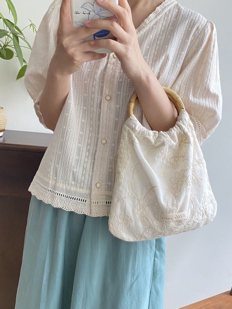 Ivory Lace Mini Bag with Bamboo Handle
