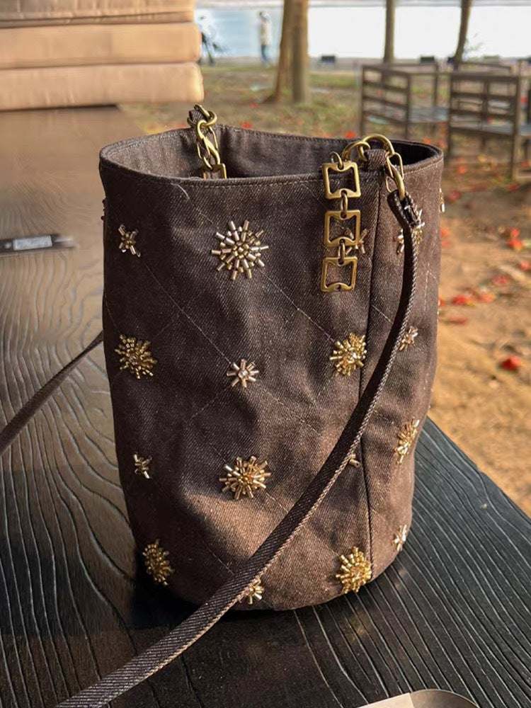 Beaded Denim Bucket Bag