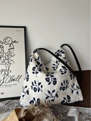 Black Floral Lattice Canvas Tote