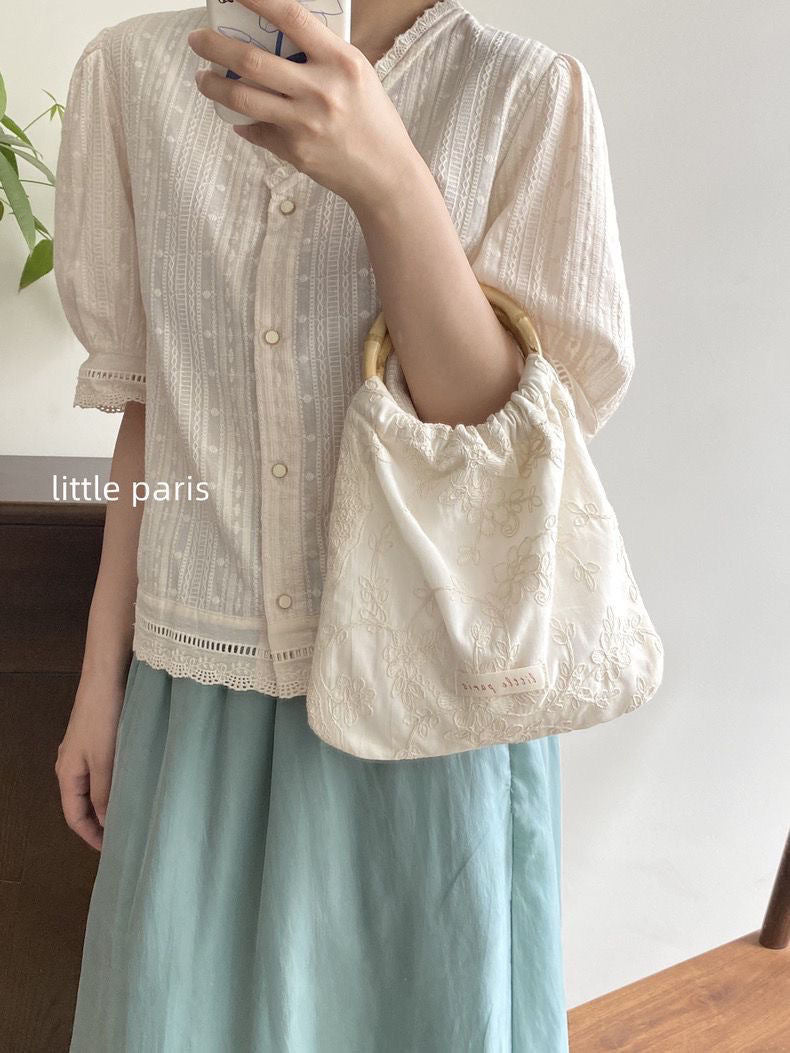 Ivory Lace Mini Bag with Bamboo Handle