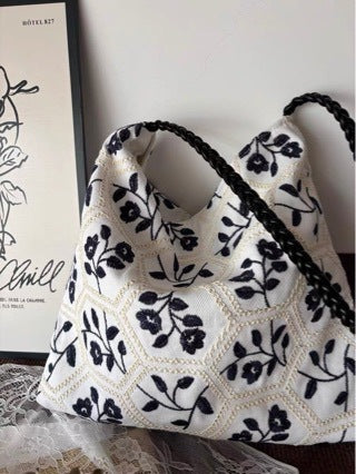 Black Floral Lattice Canvas Tote
