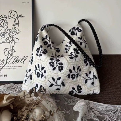 Black Floral Lattice Canvas Tote