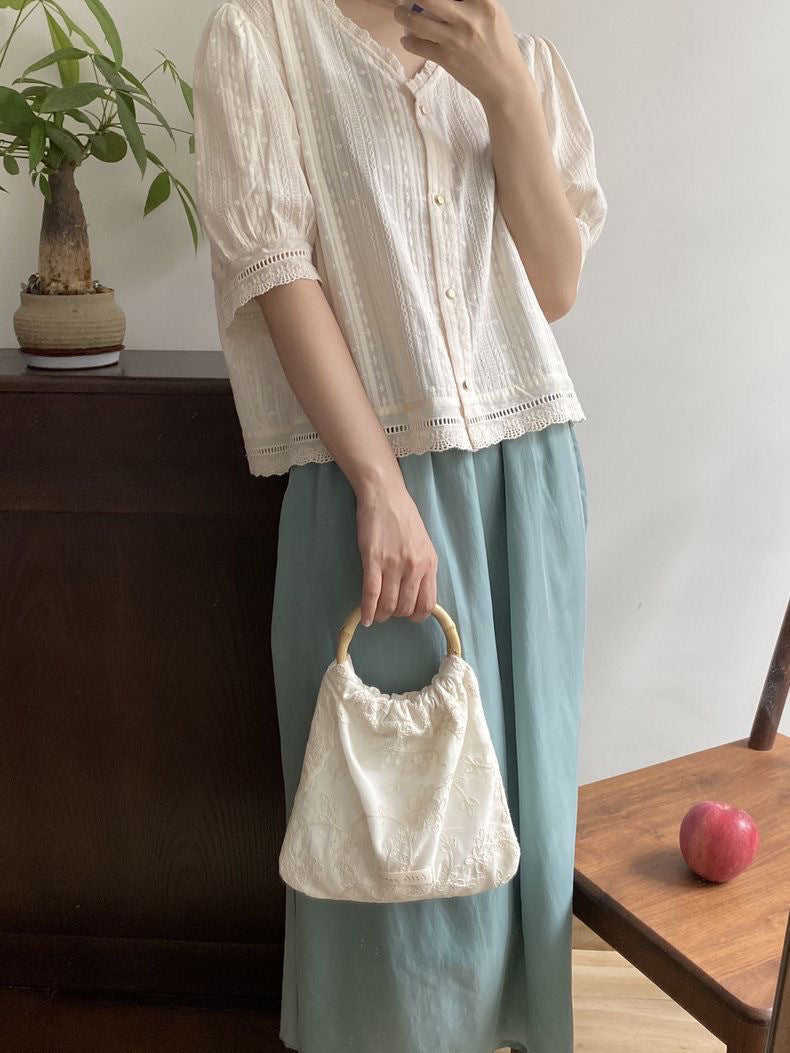 Ivory Lace Mini Bag with Bamboo Handle