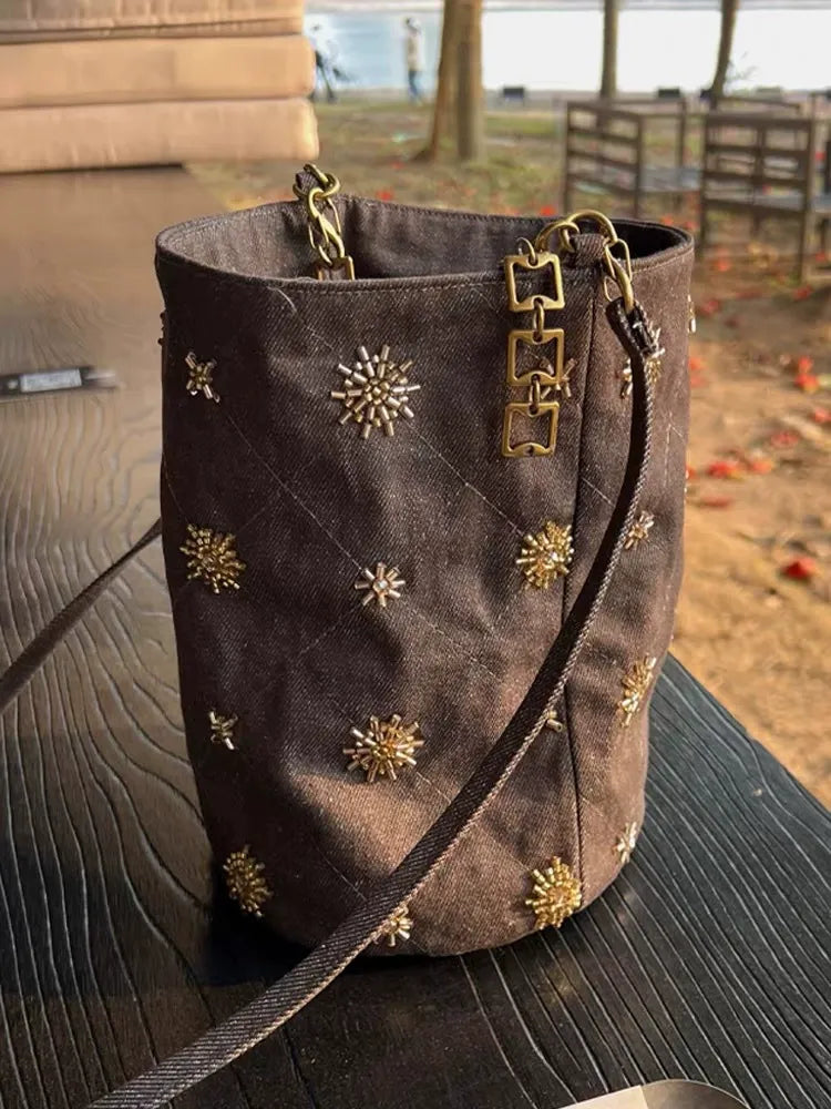 Beaded Denim Bucket Bag