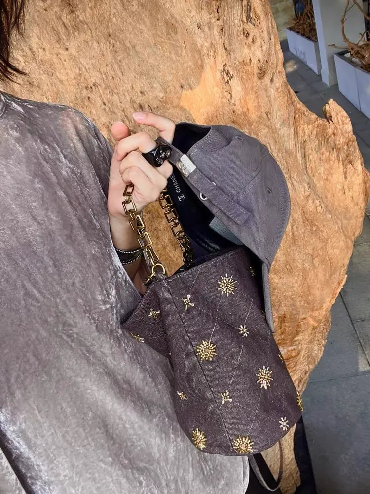 Beaded Denim Bucket Bag