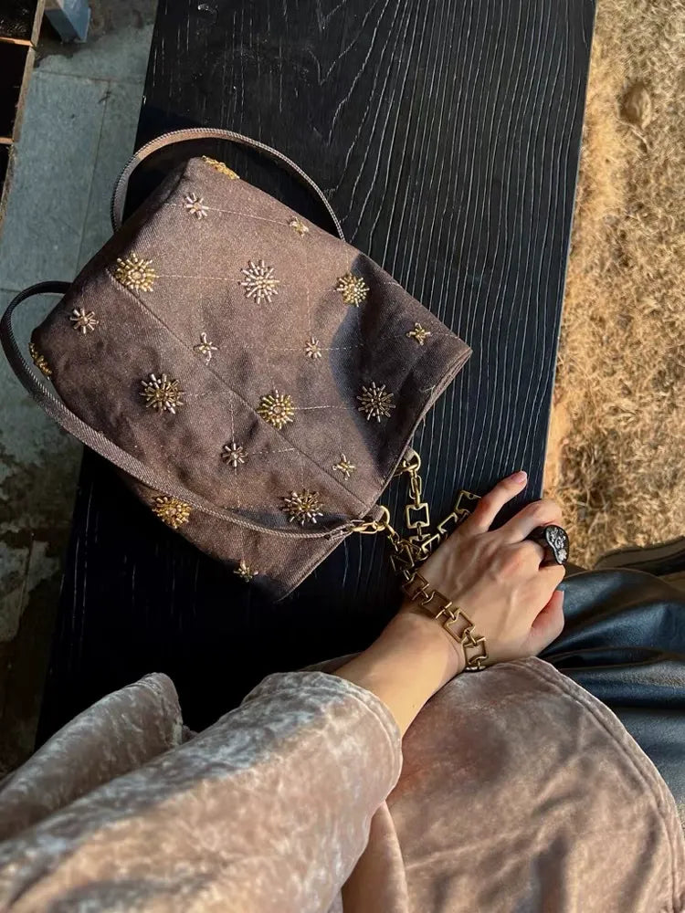 Beaded Denim Bucket Bag