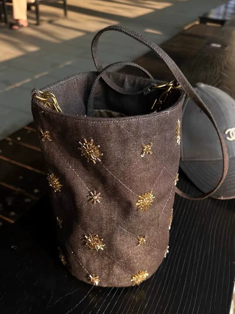 Beaded Denim Bucket Bag