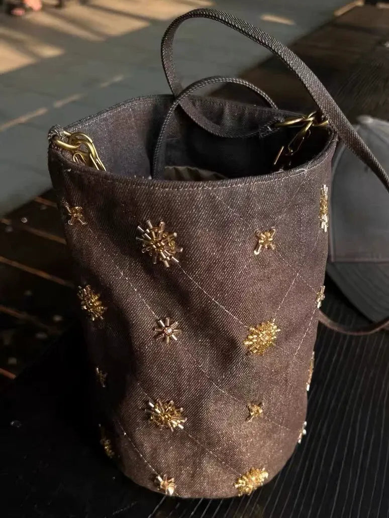 Beaded Denim Bucket Bag