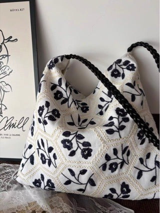 Black Floral Lattice Canvas Tote