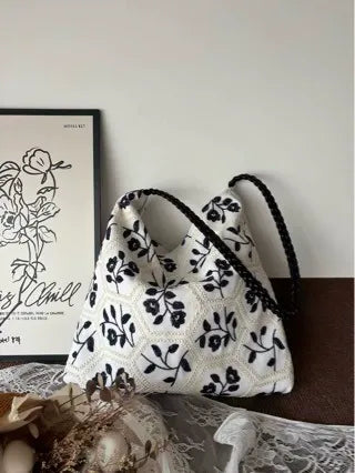 Black Floral Lattice Canvas Tote