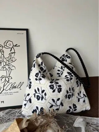 Black Floral Lattice Canvas Tote
